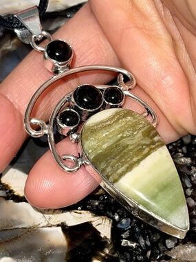 Green Larsonite Bugwood & Black Onyx  Pendant 3”